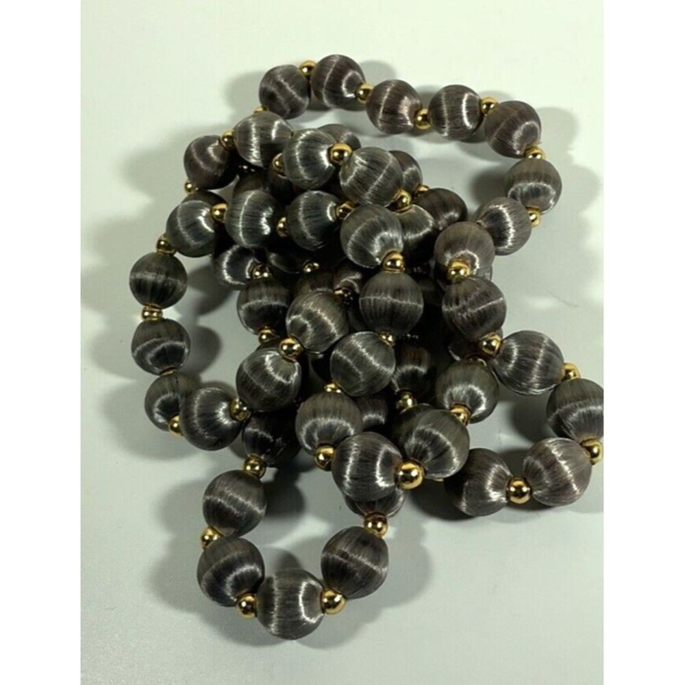 Vintage Dark Gray Silk Wrapped Beaded Necklace Gold Tone Spacers 15” Classic